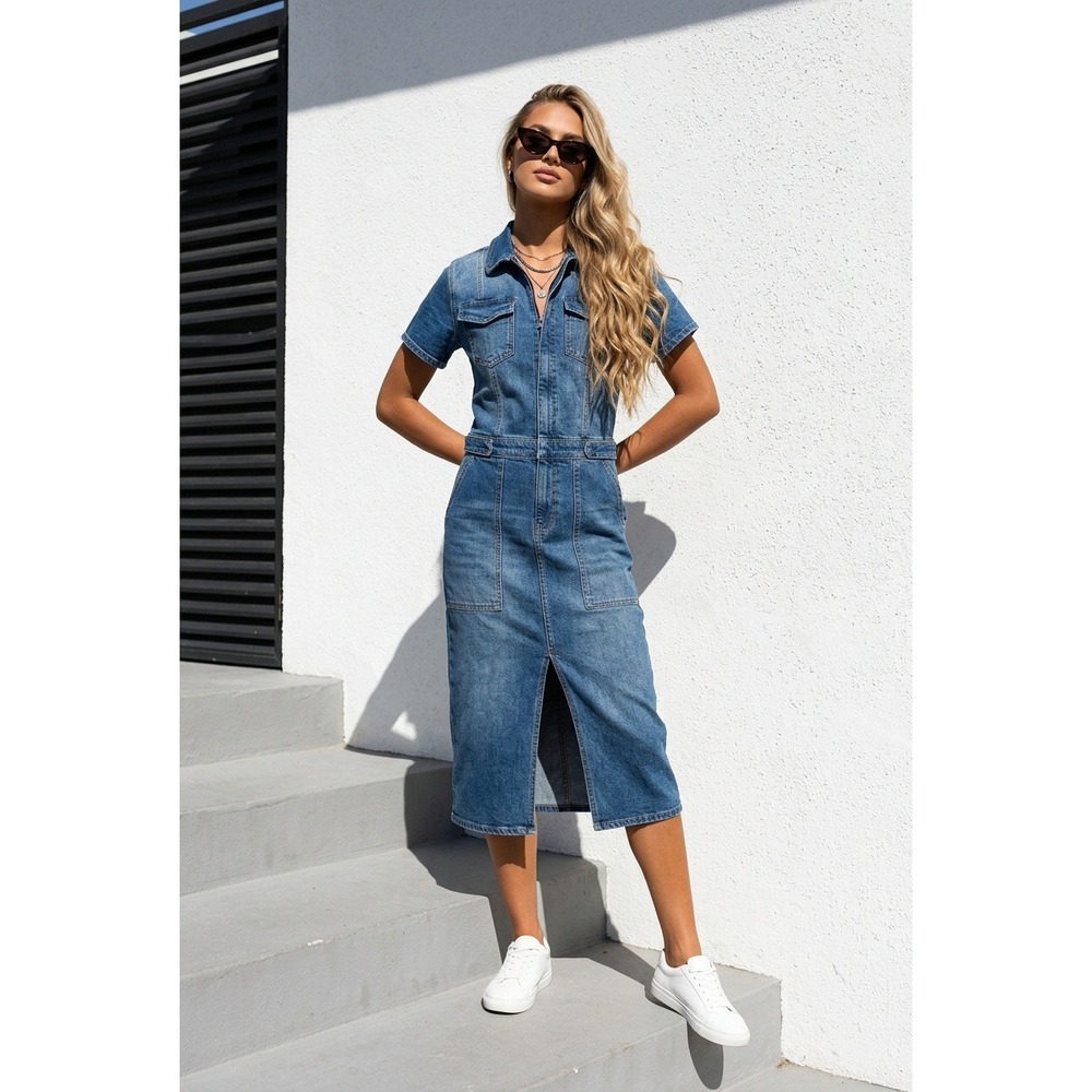 Intempo Women Blue Denim Zip Front Midi Utility Dress XXL Workwear Vibe Minimali